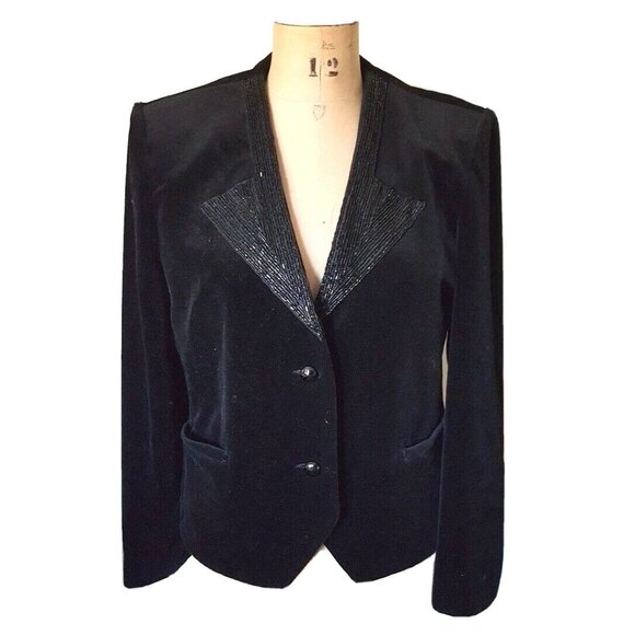 Vintage Jackets & Blazers - Vintage blazer jacket velvet & sequin beaded collar, elegant formal holidays M